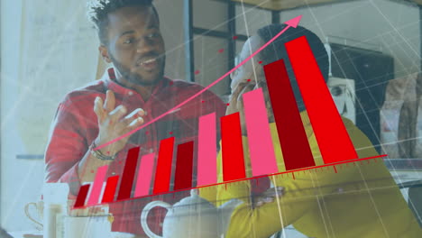 animation of arrow of growing graph over diverse couple talking while sitting in cafes