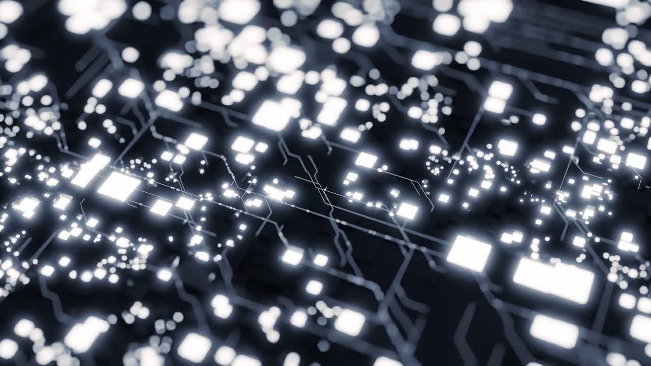 Abstract digital circuit pattern with glowing white lights and dark background. 3D render of futuristic technology board. Artificial intelligence and data processing concept. Design for banner