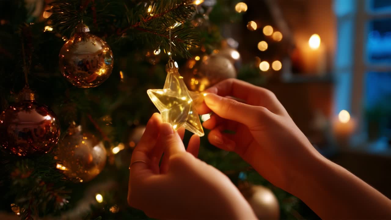 A Beautiful Glimpse of Holiday Spirit: Delicate Hands Adorn a Christmas Tree with a Sparkling Star Ornament, Creating a Magical Atmosphere of Warmth and Joy in the Soft Glow of Evening Lights