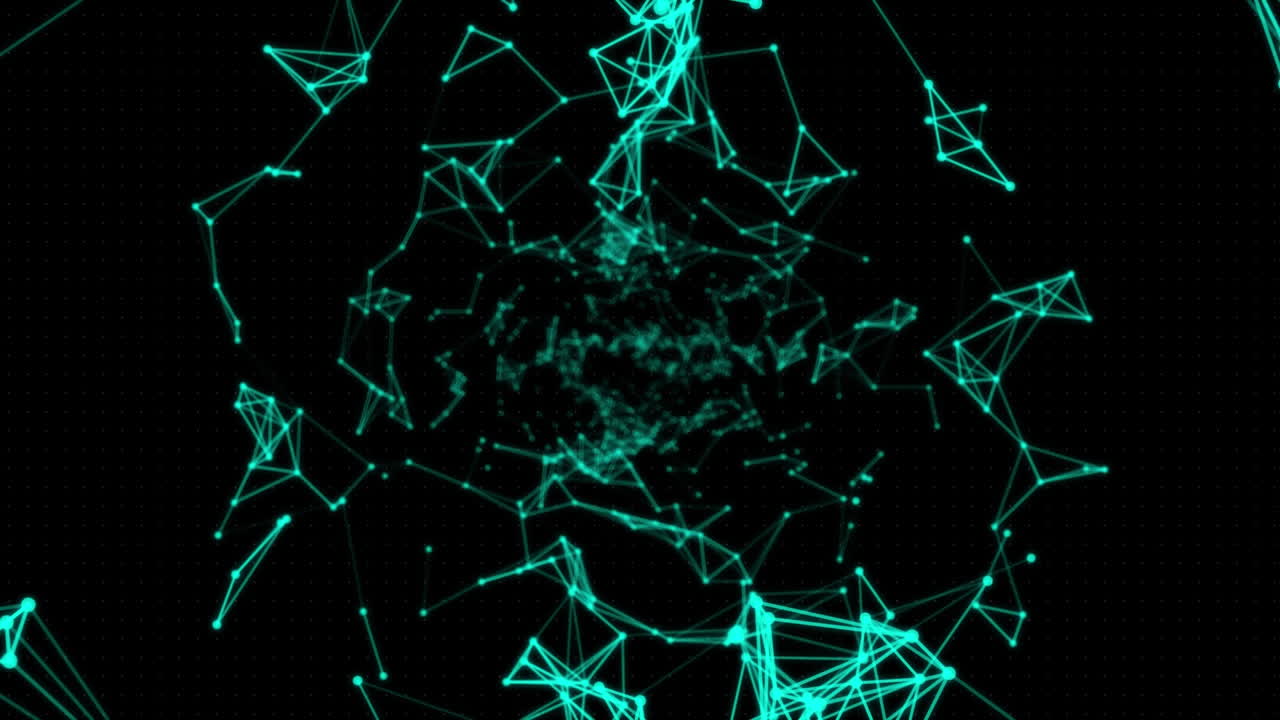 animación de una red verde brillante de conexiones y un alcance parpadeante que se mueve sobre un fondo negro