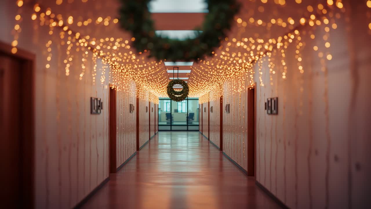 Dollying camera shifting focus from wreath to office through glass in office corridor, amber lights