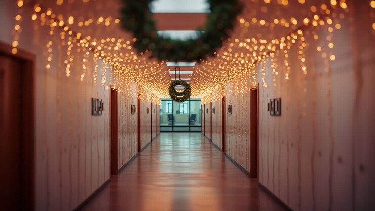 Dollying camera shifting focus from wreath to office through glass in office corridor, amber lights