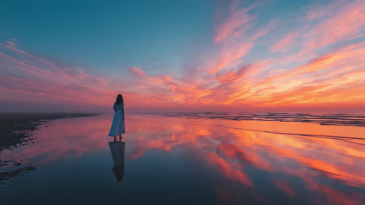 A Serene Woman in a White Dress Stands Alone on a Reflective Shoreline at Sunset, Surrounded by Vibrant Sky Colors and Tranquil Waters, Capturing a Moment of Solemn Beauty