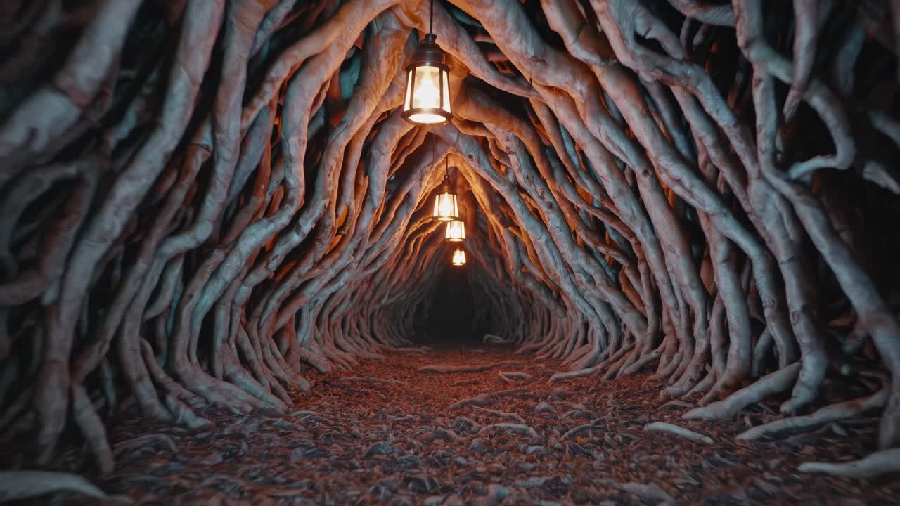 Enchanted tunnel of intertwined roots illuminated by hanging lanterns, creating a mystical atmosphere as the viewer journeys deeper into the captivating scene of nature's artistry