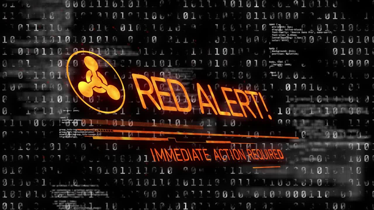 Binary scrolling icon fading RTJ morphing into RED ALERT ACTION REQUIRED glitches demanding