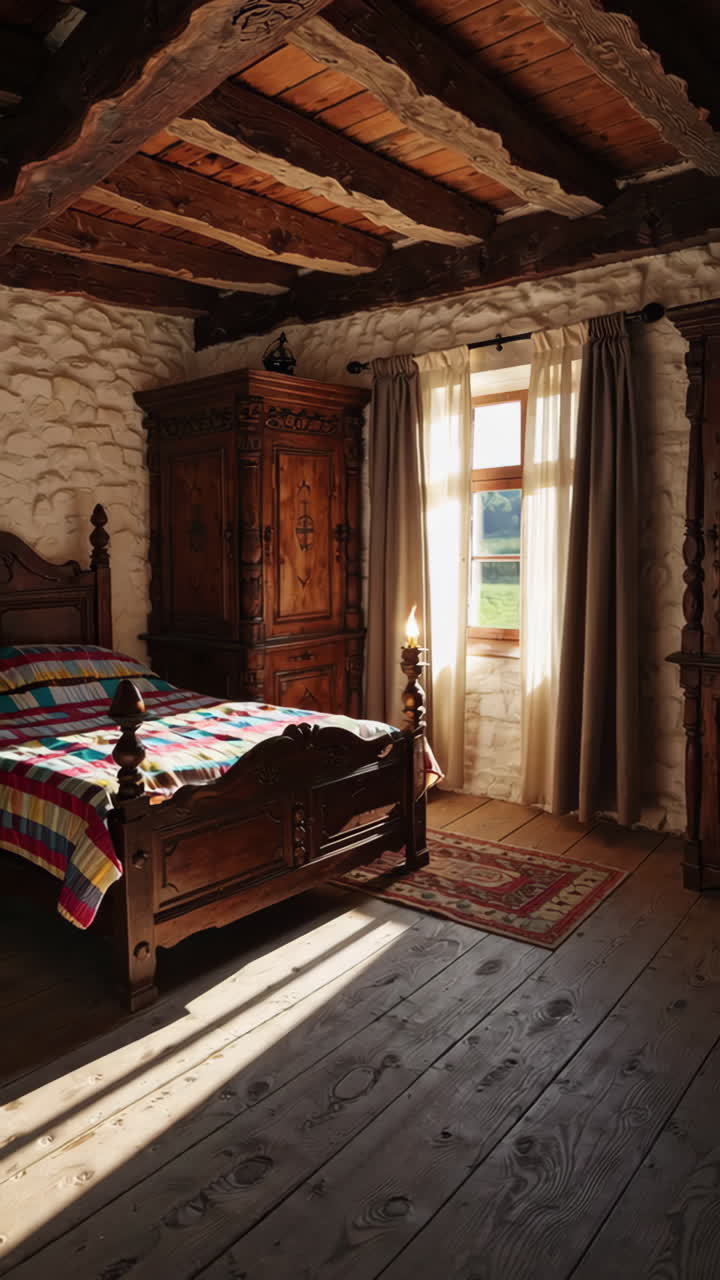 Rustic Bedroom with Sunlight and Antique Furniture