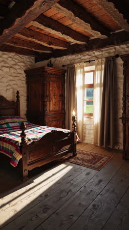 rustic bedroom with sunlight and antique furniture