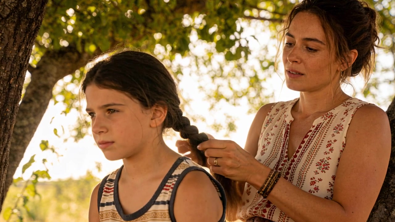 Braiding mother reaching long hair child in tank top under tree securing braid with tie