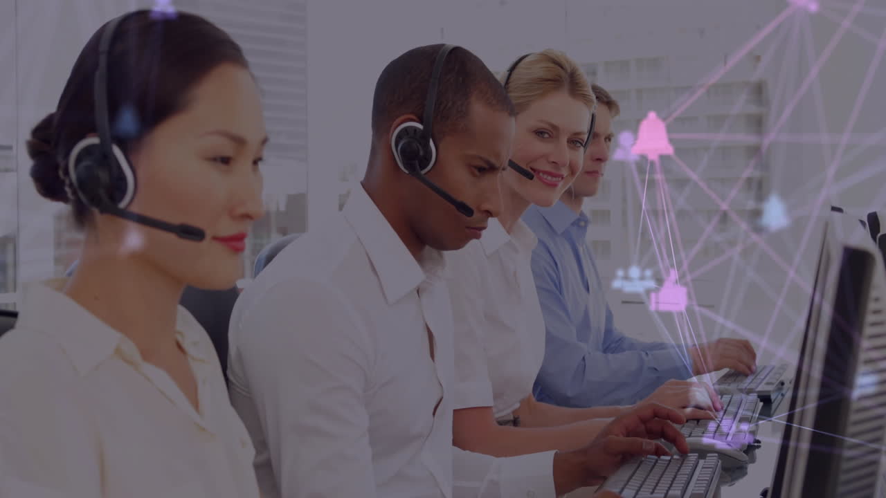 전화 헤드을 사용하는 다양한 동료에 대한 아이콘으로 연결 네트워크의 애니메이션