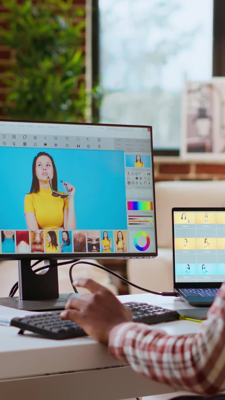 Vertical Video Freelance graphic designer editing photos on a modern ...