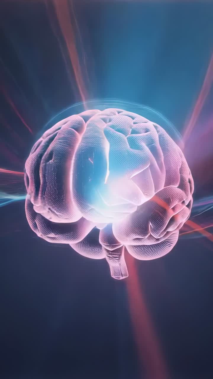 Vertical video: Fading holographic 3D brain model rotating in digital void, glowing neural paths