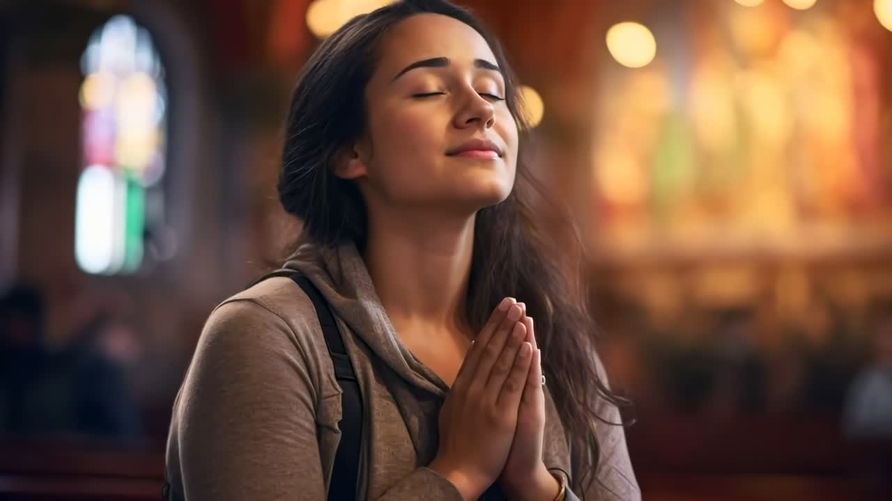 A serene video still of a woman praying in a church, captured from a side angle