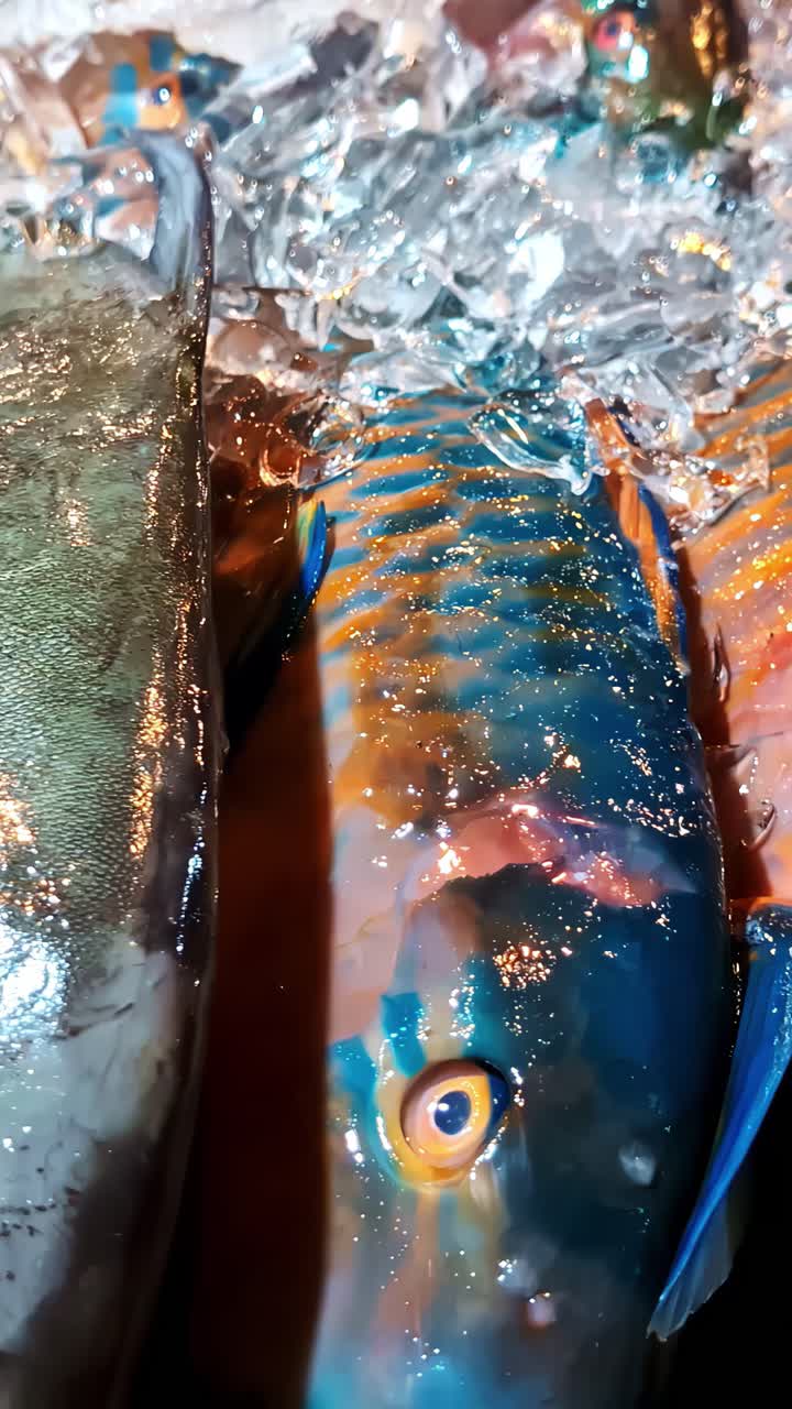 Colourful tropical fish exposed over ice in an Asian market. Close up