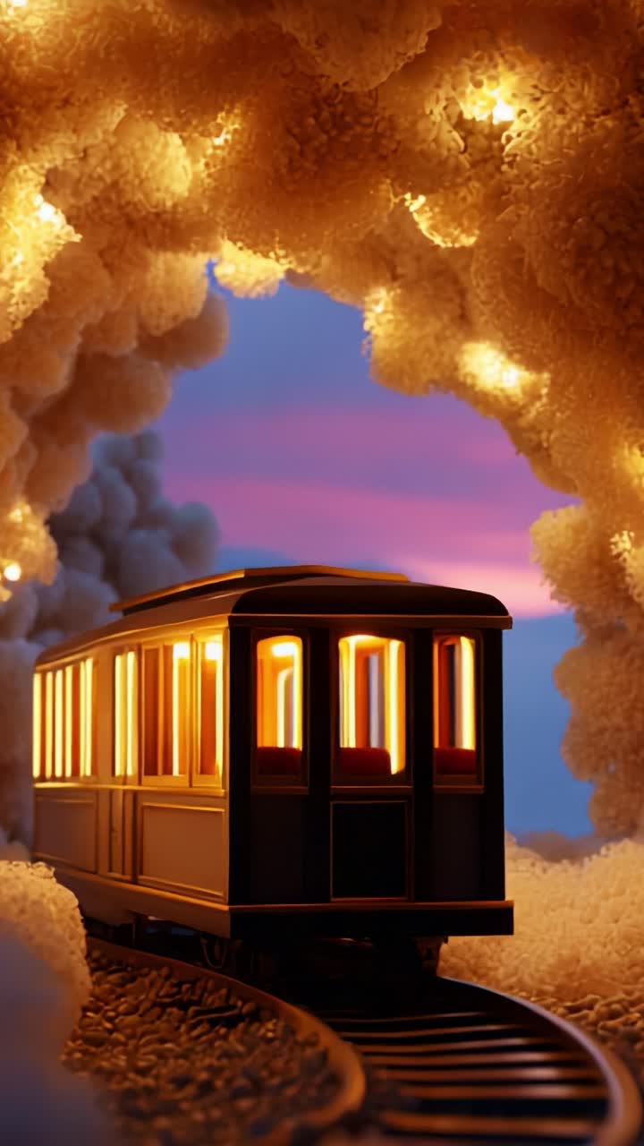 A Mystical Train Journey Through a Dreamy Cloud Tunnel Illuminated by Soft Glowing Lights, Paints a Stunning and Tranquil Scene of Adventure and Serene Landscapes at Dusk