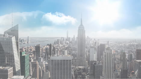 cityscape with modern buildings and sun shining with clouds on blue sky