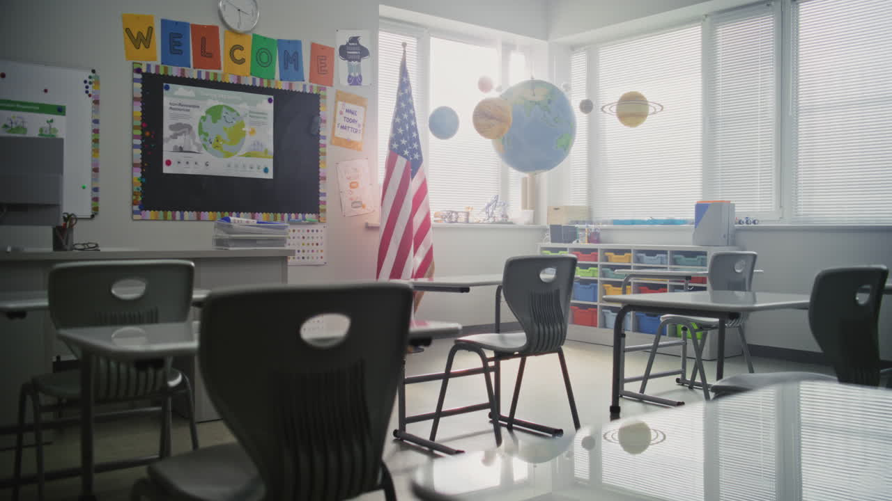American Primary School Interior of Modern Empty Classroom with Desks for Students