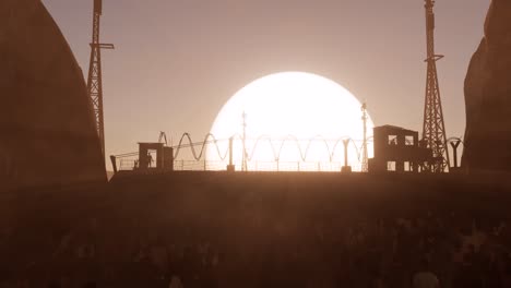 immigrants, refuges, standing idle in front of a tall concrete wall with spiked fence and barriers, inside a desert, arid environment, on sunset with dark shadows, 3d animation, camera zoom out