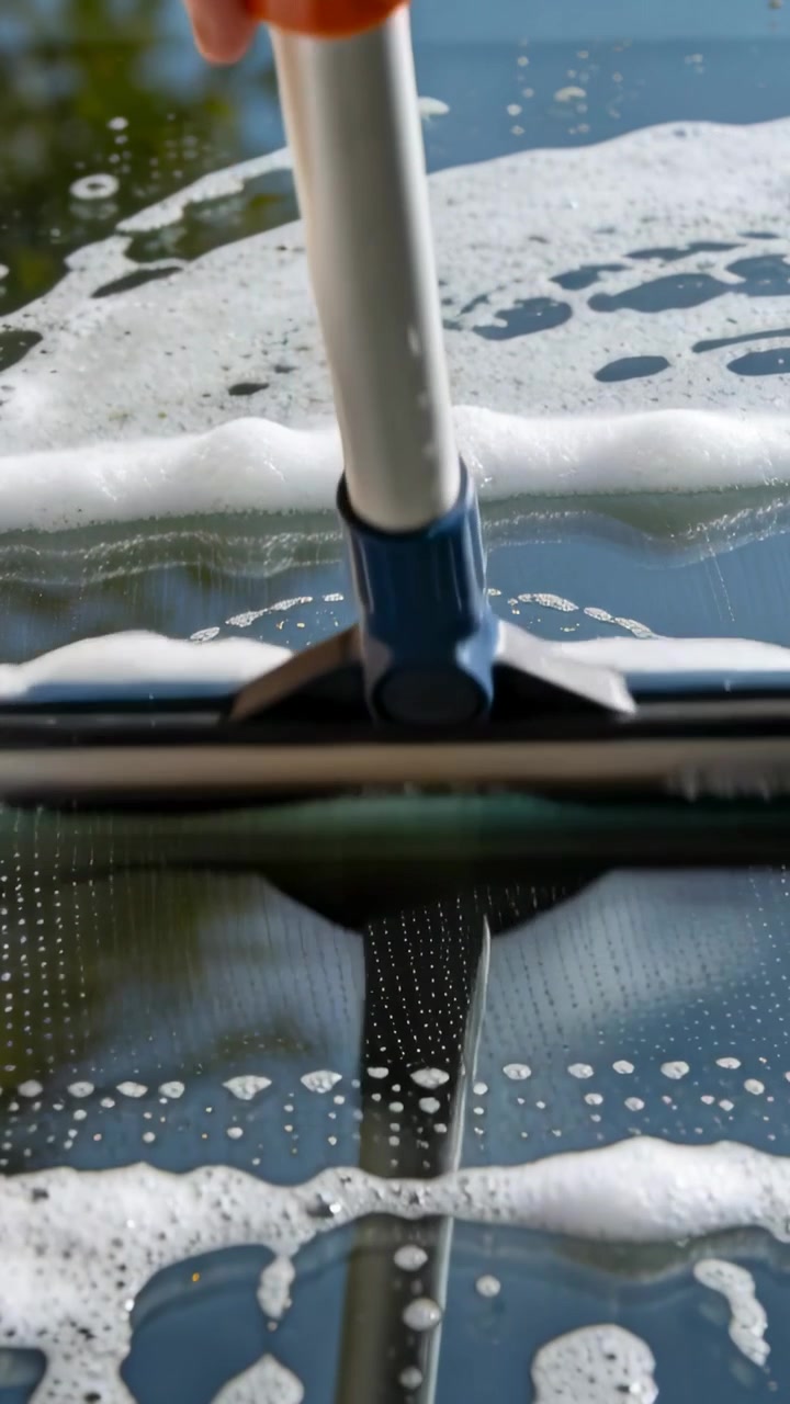 Vertical video: Reacting to soap strip, hand sliding squeegee down exterior glass, removing foam