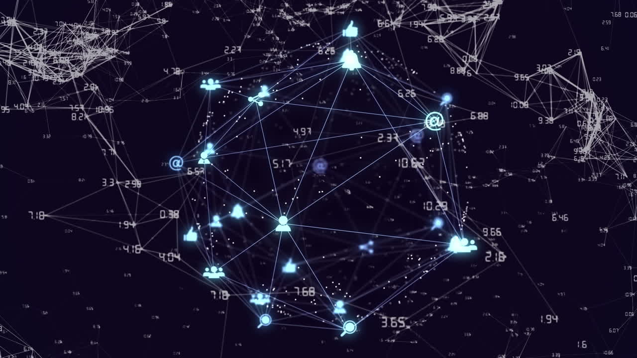 Digital composite video of web of connections with icons forming a globe against black background
