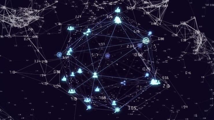 Digital composite video of web of connections with icons forming a globe against black background
