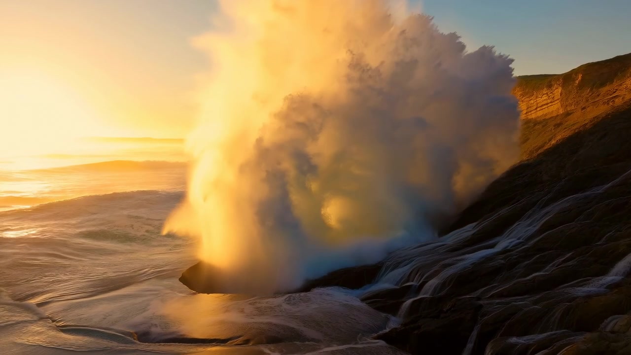 Un'onda oceanica imponente si infrange contro la costa rocciosa, sollevando spruzzi e nebbia imponenti mentre la luce solare brillante rivela scogliere, pozze di marea, schiuma e texture di pietre bagnate attraverso il paesaggio costiero.