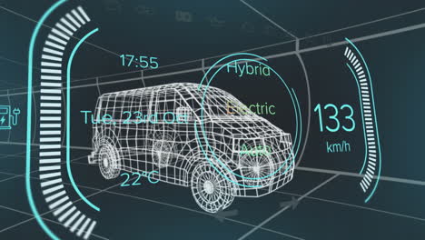 animación del velocímetro con números, textos sobre un modelo 3d de furgoneta contra un fondo negro