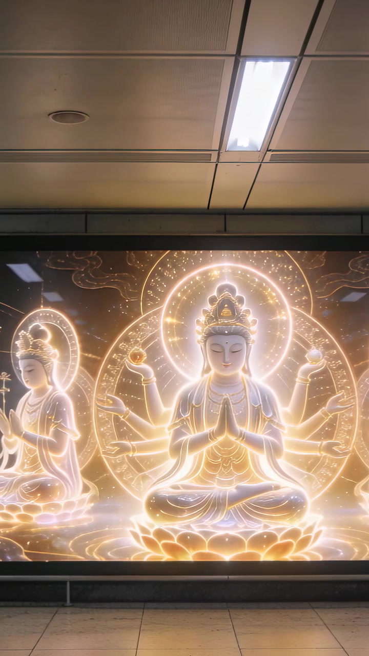 Video verticale: Telecamera inclinata che mostra una divinità illuminata, un loto e una panca su una piattaforma con luce a soffitto.