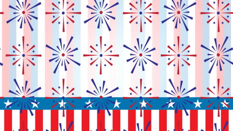 animación de fuegos artificiales coloreados en bandera estadounidense sobre estrellas y rayas de fondo