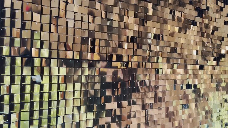 Abstract background with flickering metallic or plastic particles wall, same size of shape of particles, real footage, A wall of golden sparkles spiked in the wind