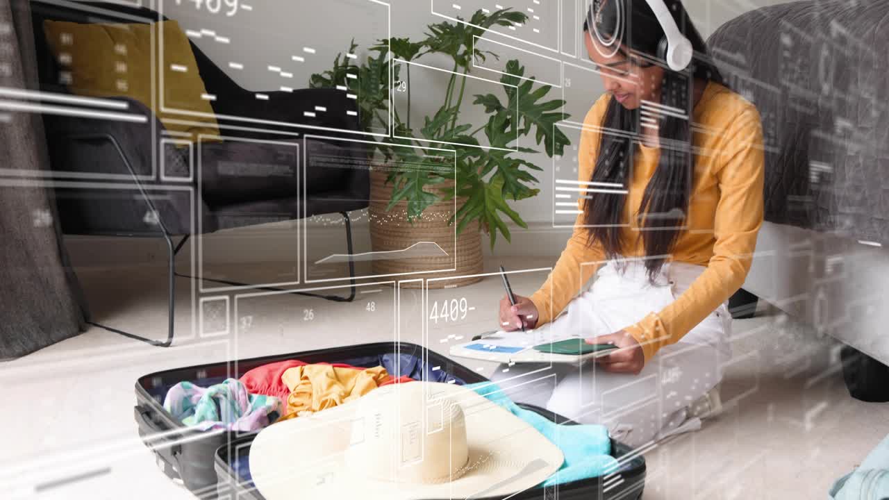 Woman kneeling and packing suitcase while tapping tablet, HUD overlay guiding travel checklist