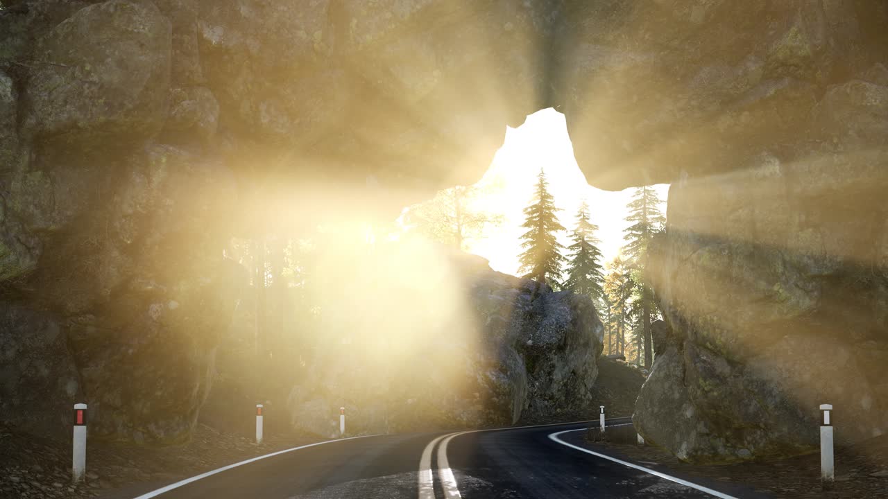 해가 지는 산의 바위 길 토너