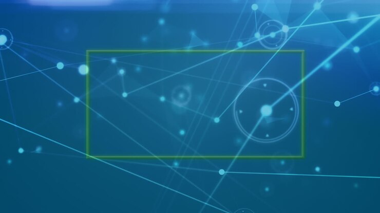 Animation of neon frame over network of connections over on blue background