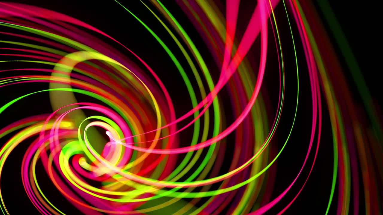 빛의 흐름: 4k에서 추상적인 루프 배경, 빛의 흔적, 공간에서 녹색, 빨간색, 노란색, 네온 선의 흐름은 나선형 모양을 형성하기 위해 움직입니다.