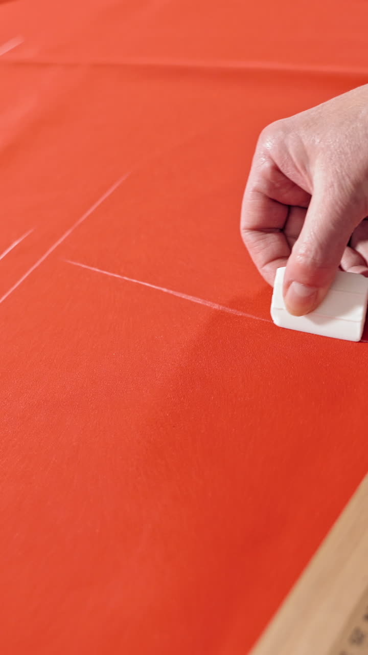 Exclusive unique clothes creation. Close up view of dressmaker measuring textile material Vertical video
