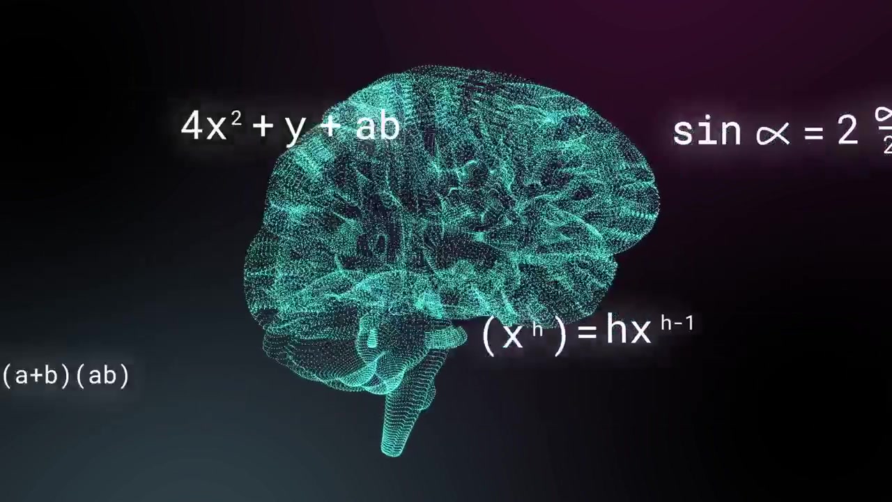 Cervello 3D a wireframe verde acqua che ruota a comando, mentre formule bianche scorrono all'interno mostrando il pensiero matematico