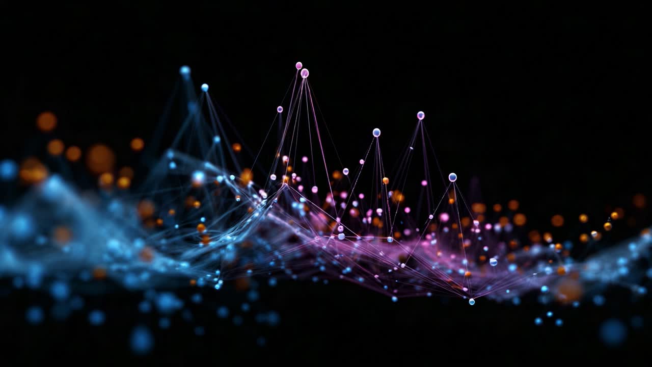 Dynamic Visualization of Abstract Data Points and Connections in an Ethereal Wave Pattern with Vibrant Colors and Flowing Lines Presenting Information Interactively