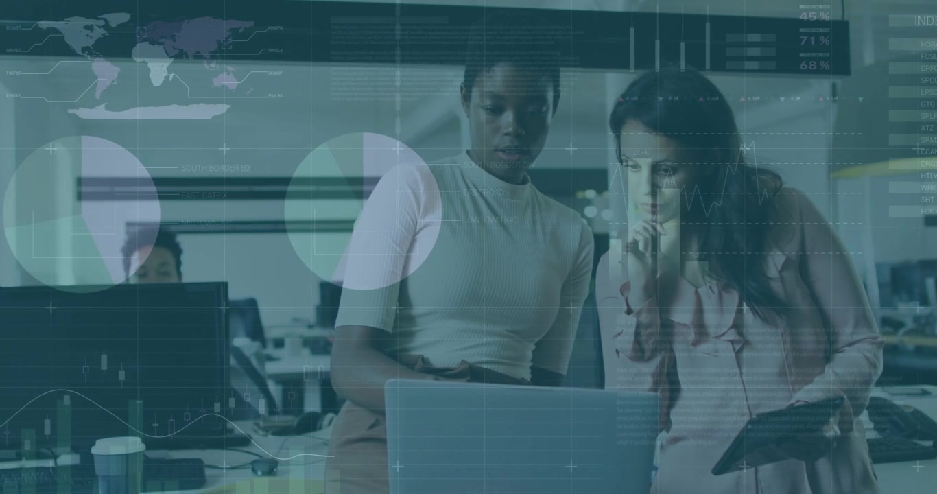 Coworkers glancing tablet, tapping laptop and analyzing data, generating animated finance charts
