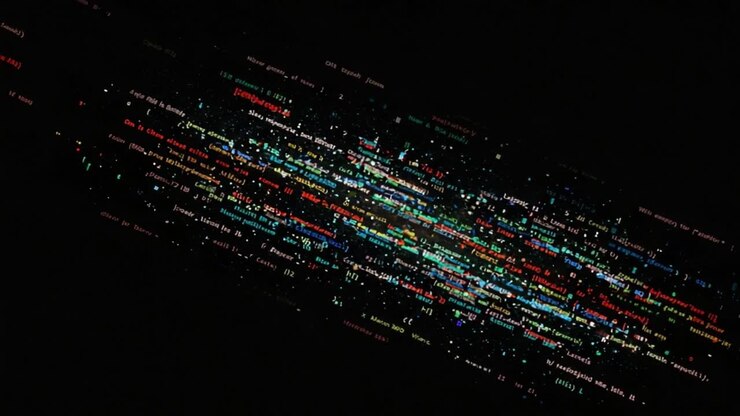 Dynamische Darstellung von farbigem Text auf dunklem Hintergrund, die eine künstlerische Interpretation von Datenvisualisierungstechniken zeigt