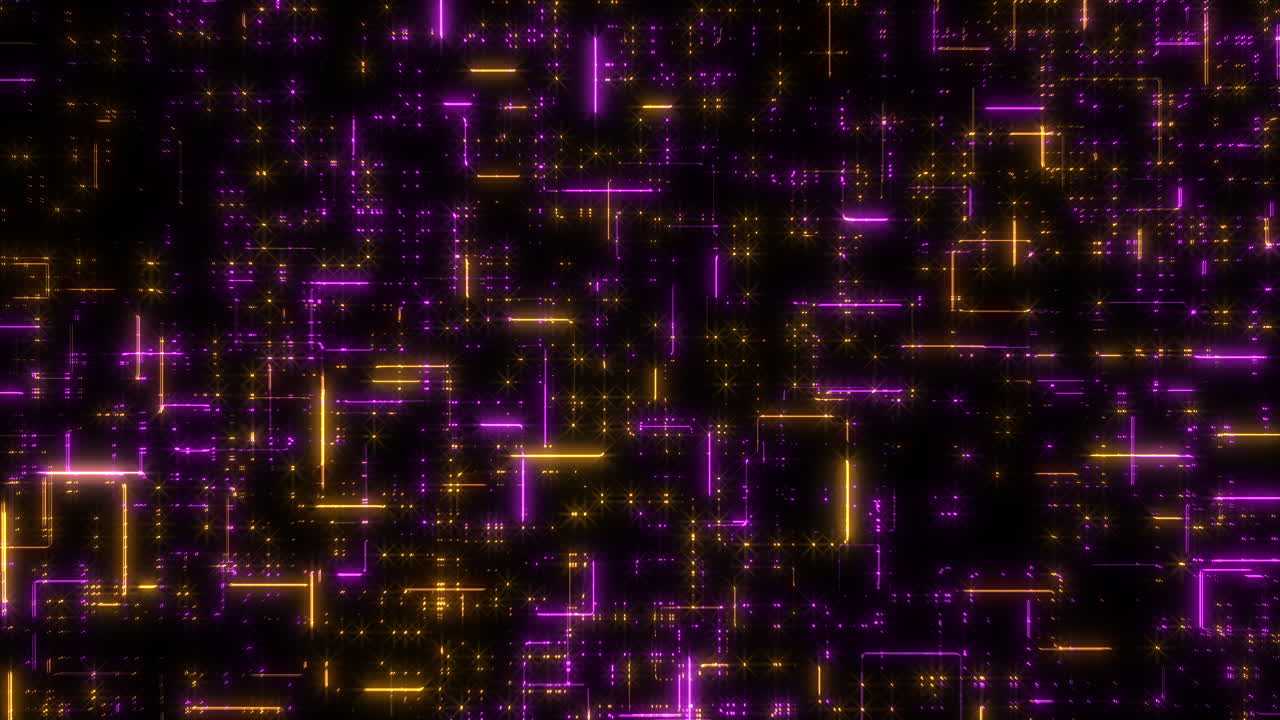 Intricate purple and yellow geometric lines on a black background form a complex pattern with squares and rectangles, creating an intricate visual display