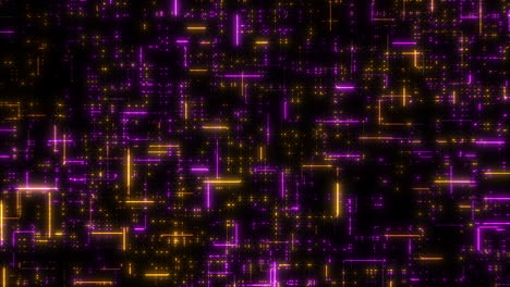 intricate purple and yellow geometric lines on a black background form a complex pattern with squares and rectangles, creating an intricate visual display