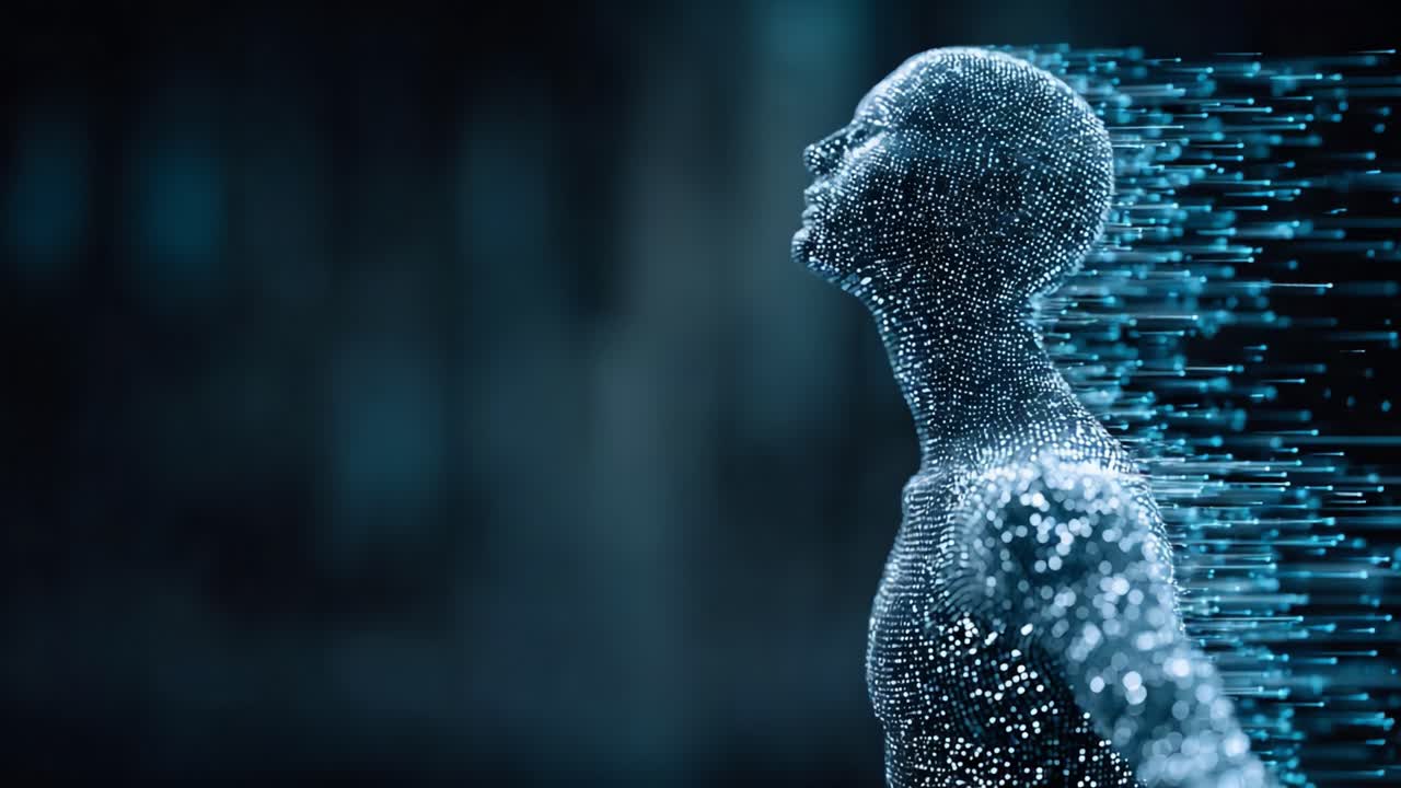 Una figura digitale affascinante emerge da una nuvola di particelle luminose, rappresentando l'intersezione tra tecnologia e umanità, con un senso di libertà e trascendenza