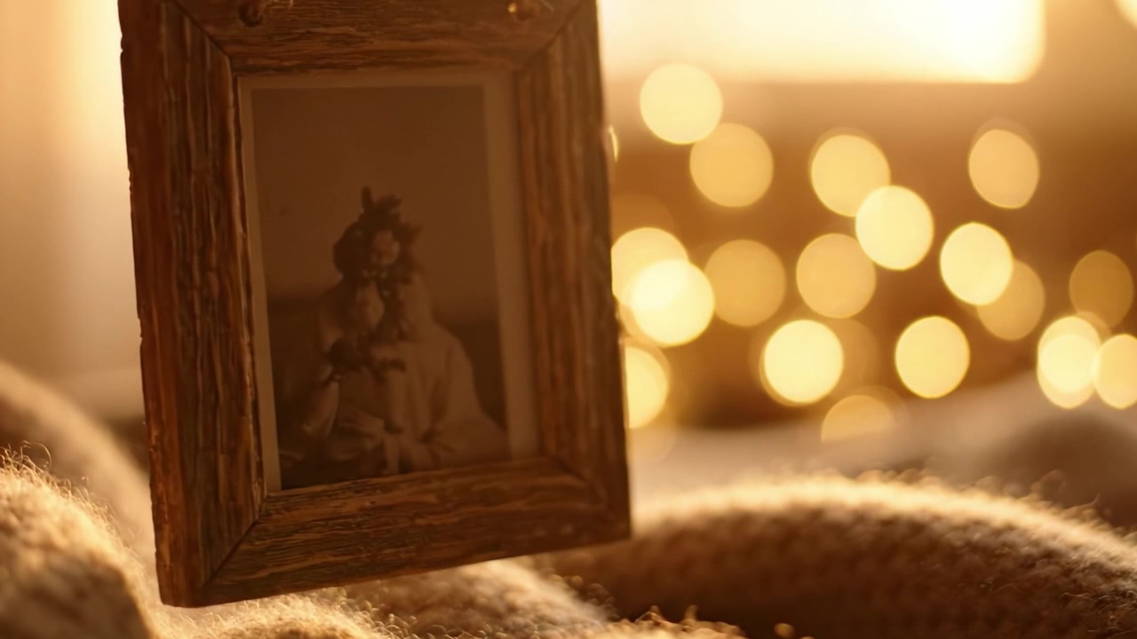 An Intimate Moment Captured: A Vintage Frame with a Cherished Portrait Against a Warm, Glowing Background of Soft Textures and Twinkling Lights