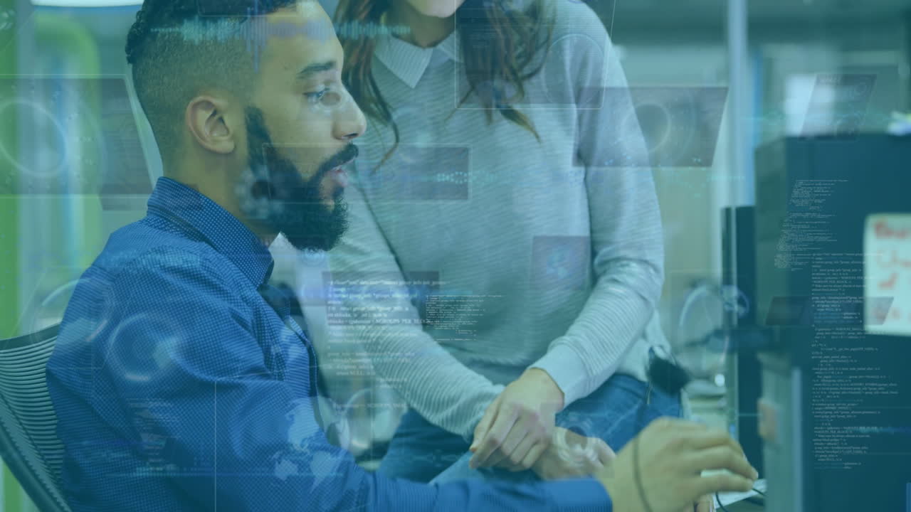 Man discussing data processing animation with colleague in modern office setting