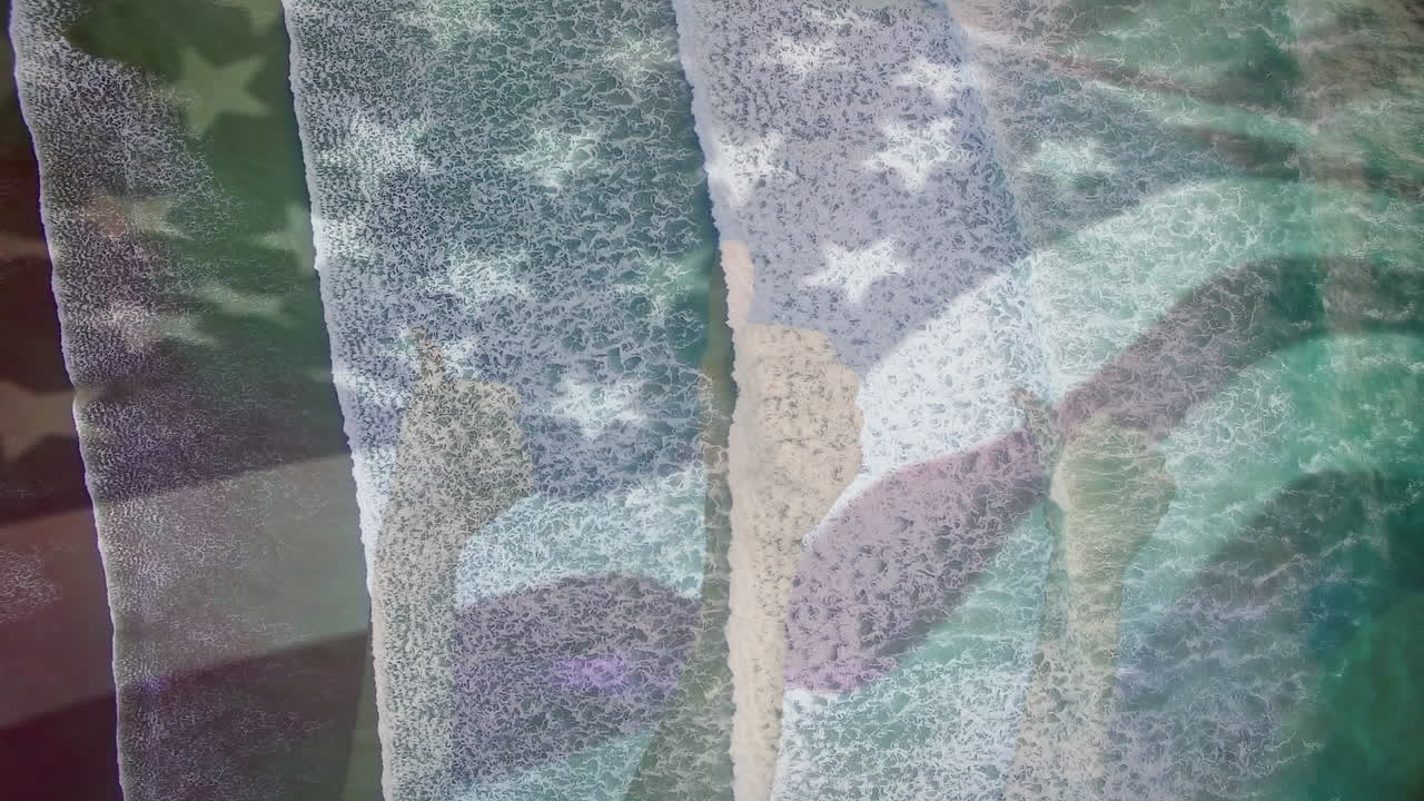 미국 국기가 해변 풍경 위에서 오케이 제스처로 손을 휘두르는 애니메이션