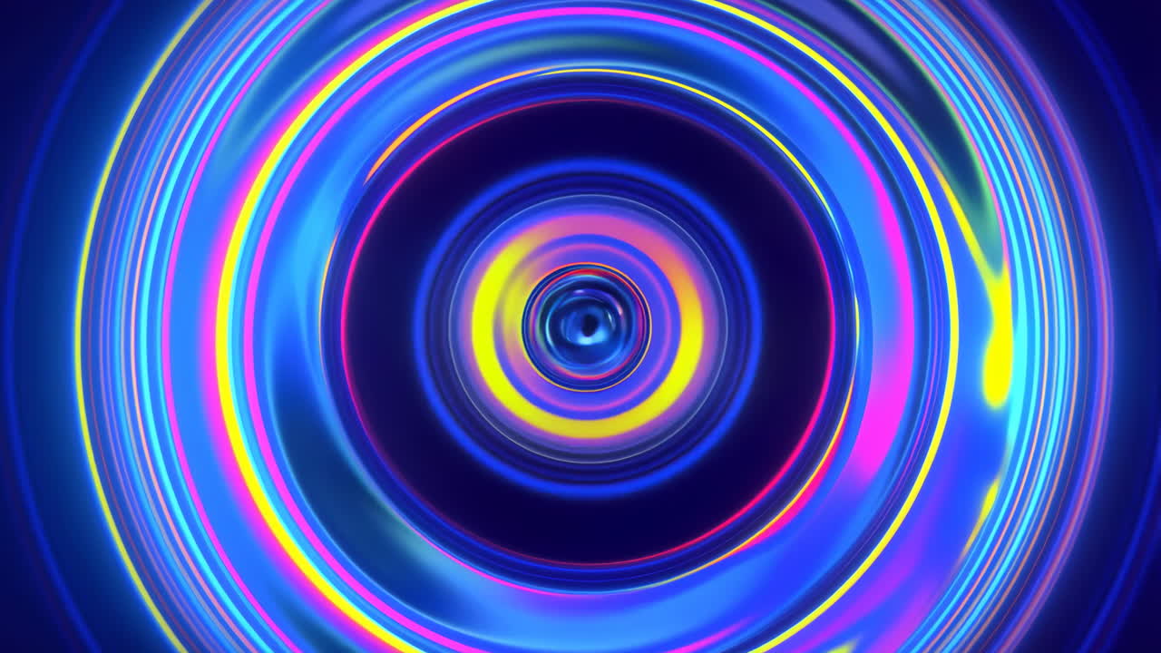 Animazione astratta ipnotica di cerchi neon colorati.