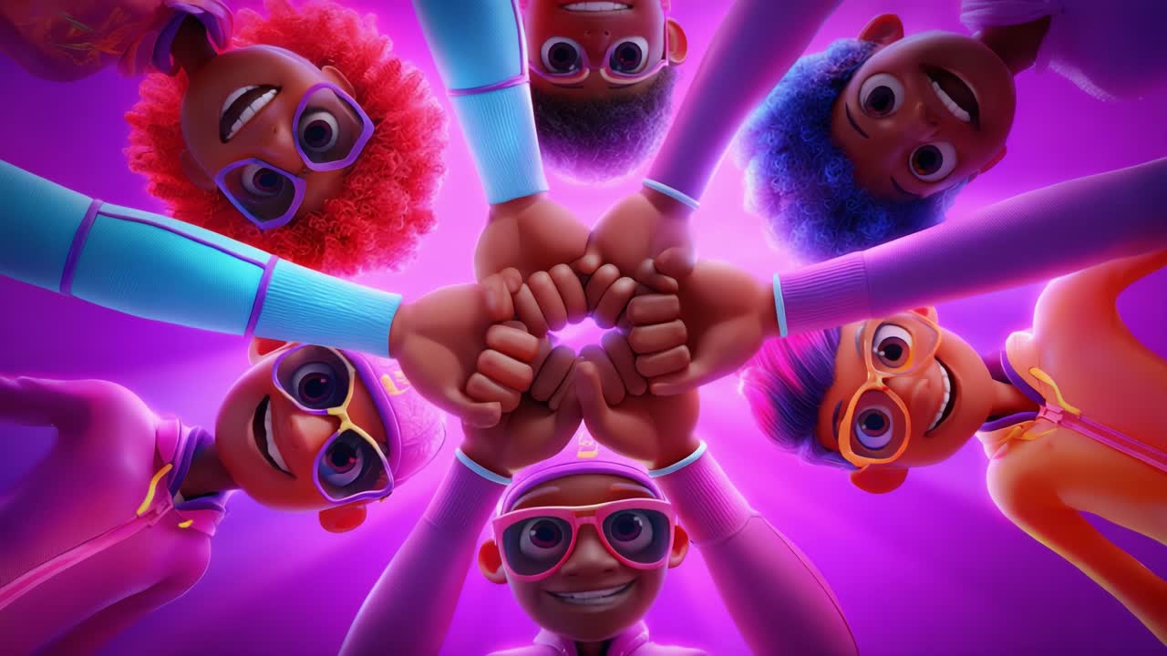 A joyful, vibrant gathering of animated friends showcasing colorful hairstyles and playful interactions, emphasizing friendship, unity, and fun in a brilliant purple backdrop