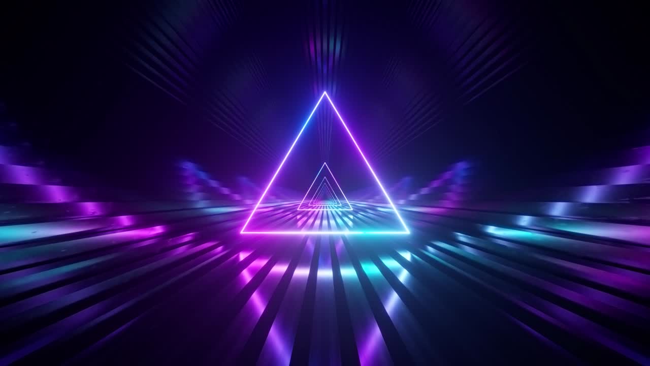 túnel de ciencia ficción con triángulos de neón. un vuelo sin fin hacia adelante. iluminación de neón moderna. bucle sin costuras 3d render