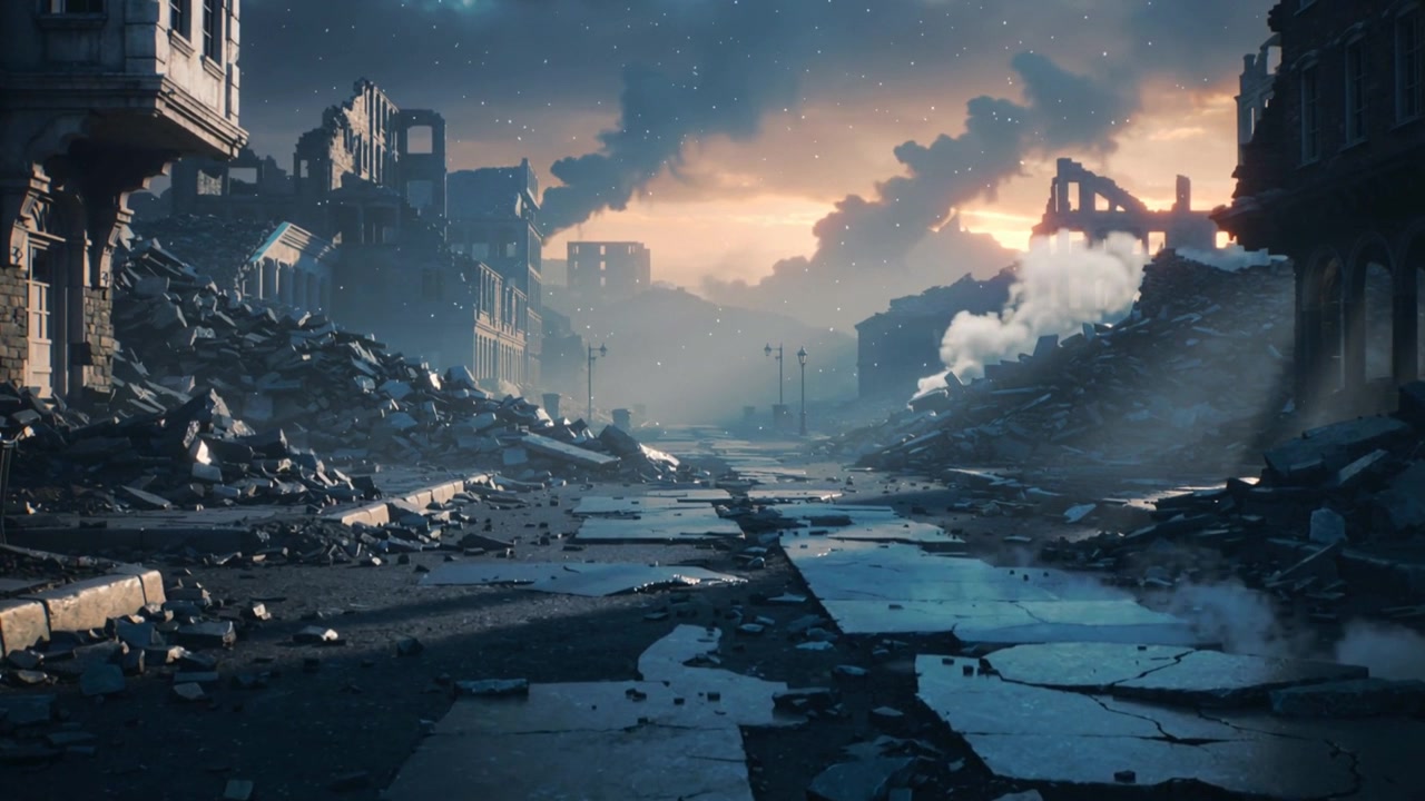 Showing ruined roadway with rubble at dusk as frames progress, smoke growing and blue mist drifting