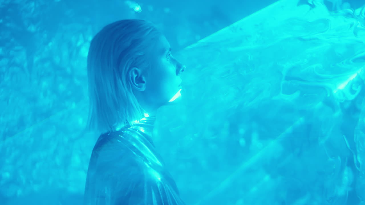 Alien Woman Walking through Laser Light Projection