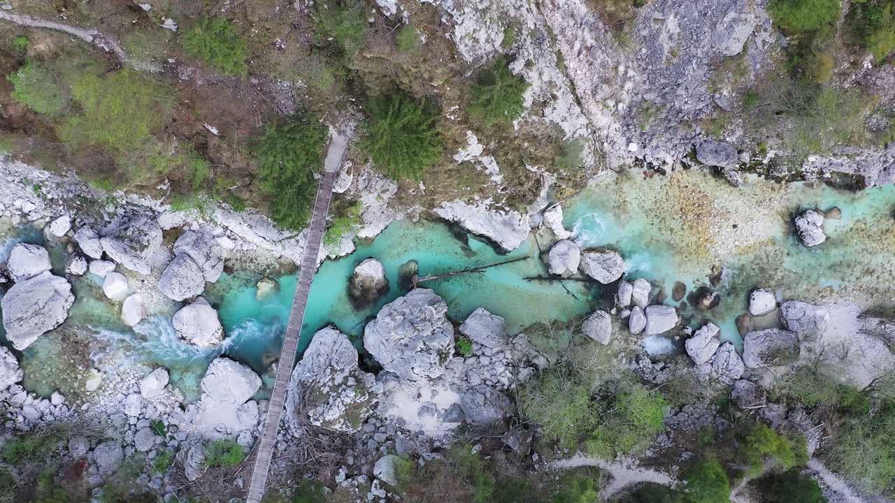 Descending drone shot of a river, from directly above